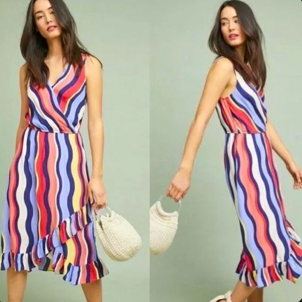 Anthropologie Plenty by Tracy‎ Reese faux wrap sleeveless striped ruffle dress
